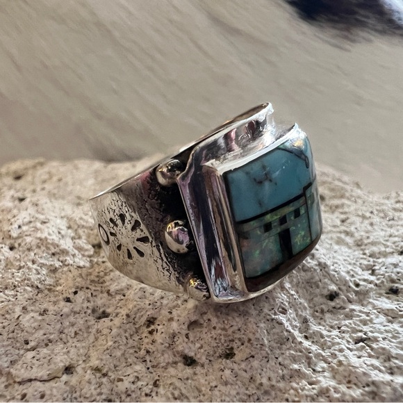❤️ Signed 925 Zuni Galaxy Micro Inlaid Pueblo Ring Sz 9.5 Native “Z” Unisex 8.3G - Picture 3 of 13